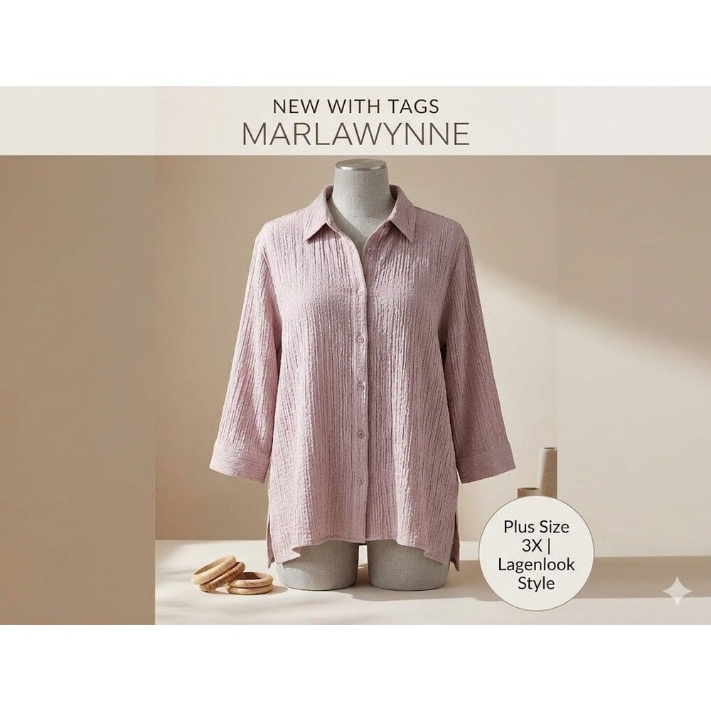 MarlaWynne Womens 3X Mauve Textured Crinkle Button Down Shirt NWT 3/4 Sleeve Top